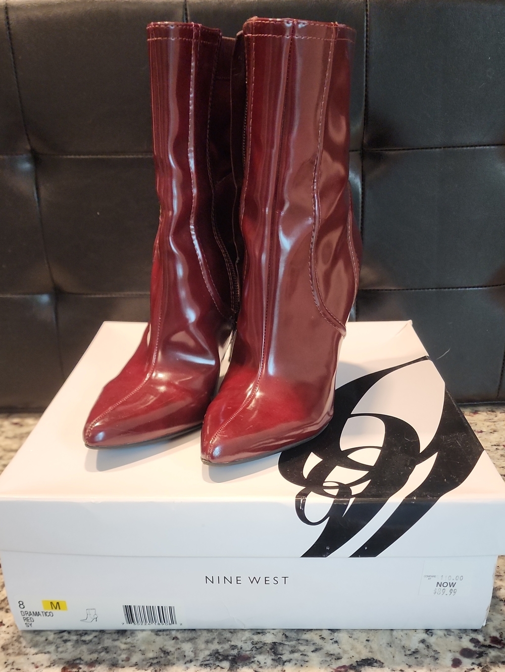 Nine West Wine Red Patent Pointed-Toe Mid-Calf Heeled Boots